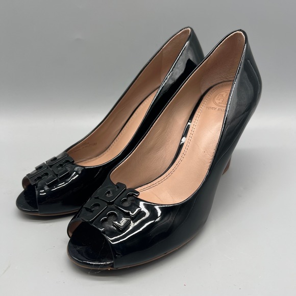 Tory Burch Shoes - Tory Burch Black Patent Leather Peep Toe Wedge Pumps Logo Medallion 7.5M 5930L